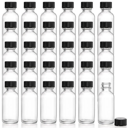 Bekith 30 Pack Boston Round Glass Bottle with Black Cap, 1 oz (30ml) Clear Glass Bottles Small Travel Bottle for DIY Essential Oils, Perfumes, Whiskey and Juices