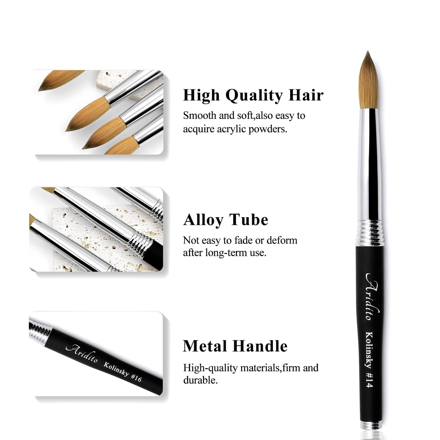 Aridito 100% pure Kolinsky Round Head Acrylic nail art brush black metal handle for Professional Manicure DIY Home Salon（#12#14#16#18） (#16)