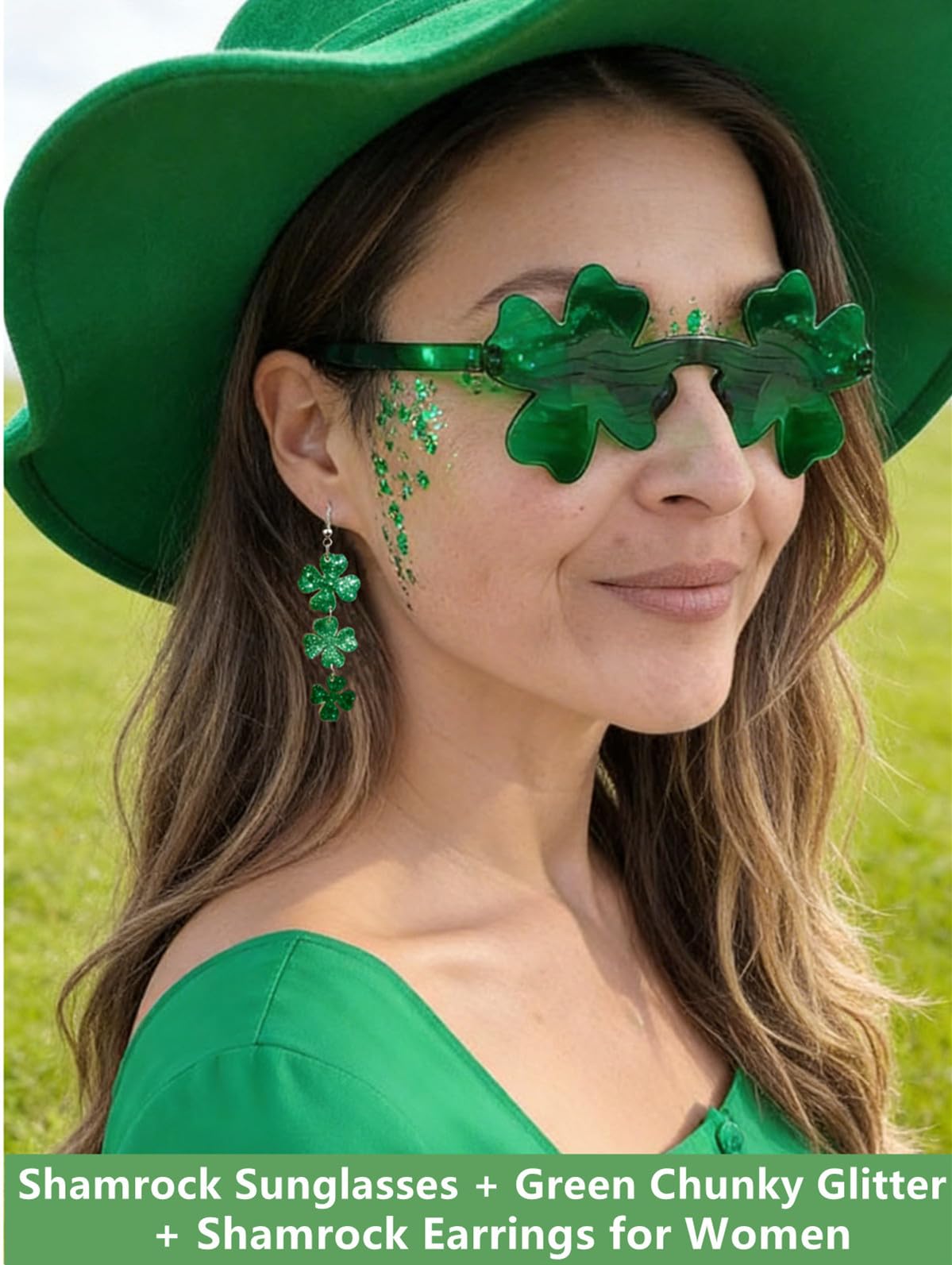 Go Ho Green Face Body Glitter,Shamrock Dangle Earrings for Women and Shamrock Sunglasses Set,St Patricks Day Accessories,St Patricks Day Shirts Outfits for Women