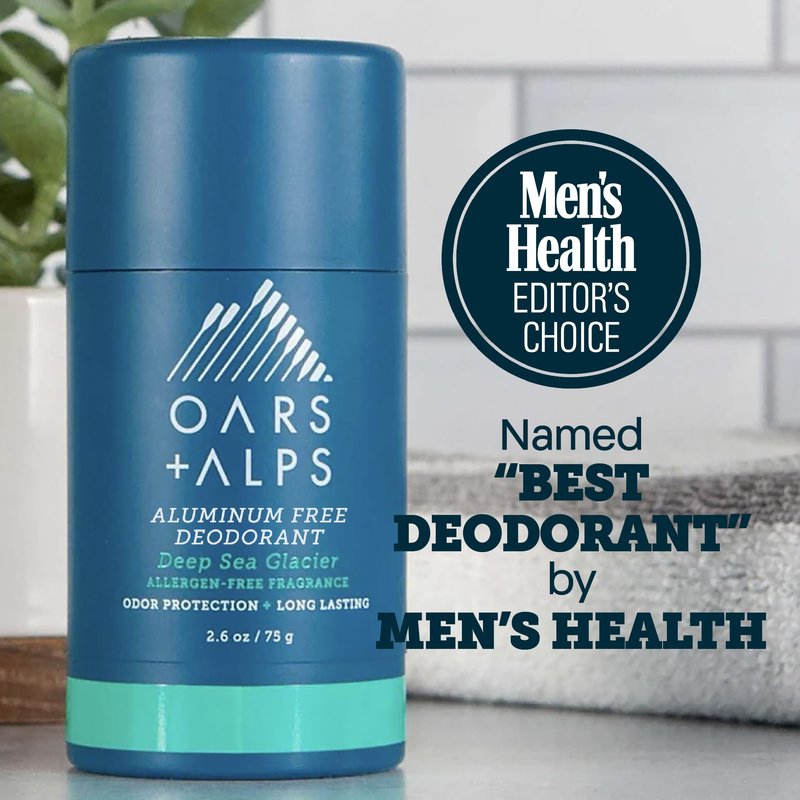Oars + Alps Aluminum Free Deodorant for Men | Long Lasting Odor Protection, Clear & Free of White Residue, Anti-Chafing Smooth Glide, Dermatologist Tested, Deep Sea Glacier, 2pk, 2.6oz