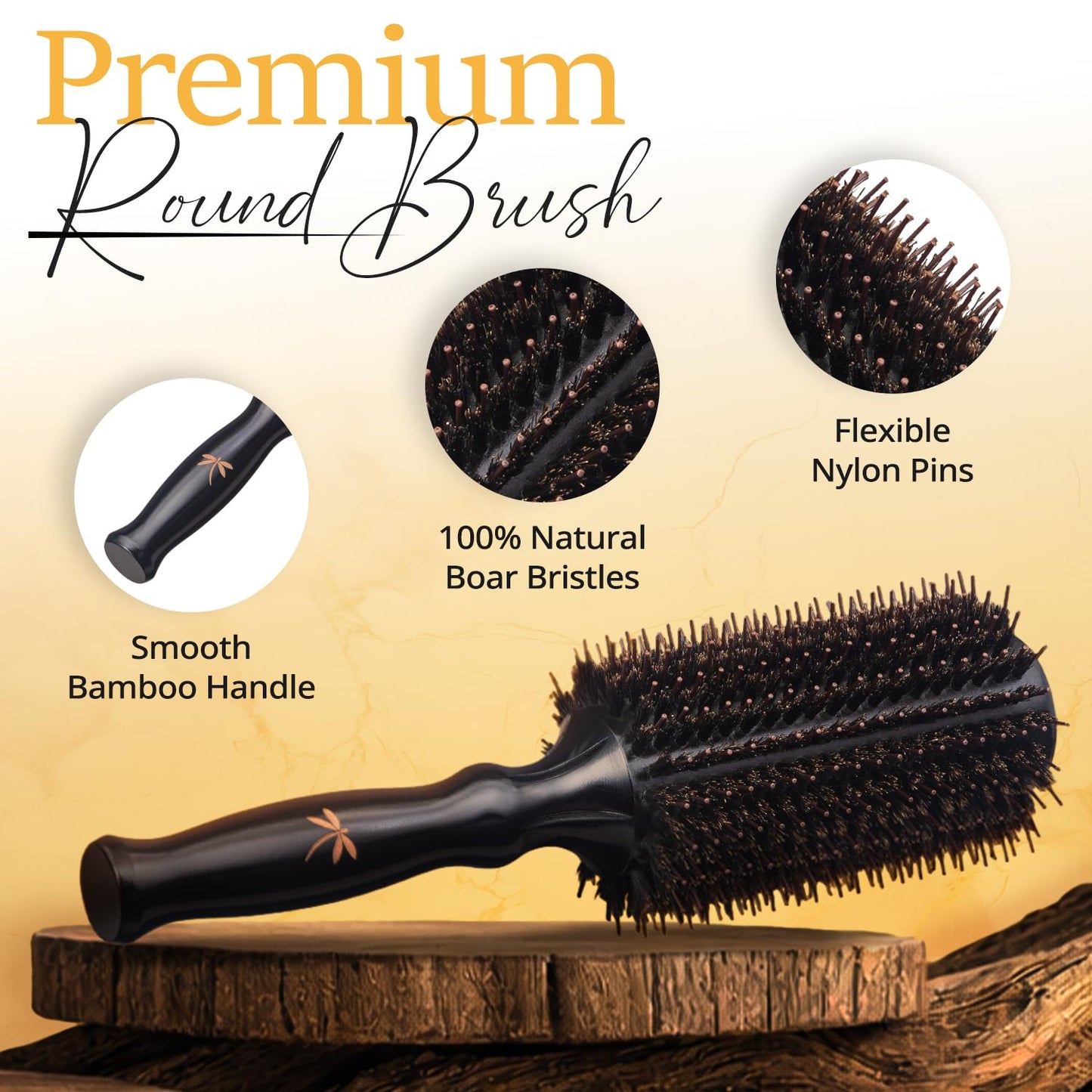 Boar Bristle Round Brush for Blow Out Set by Belula. Round Hair Brush For Blow Drying. Small 2” Wooden Barrel. Hairbrush Ideal to Add Volume and Body. Free 3 x Hair Clips & Travel Bag