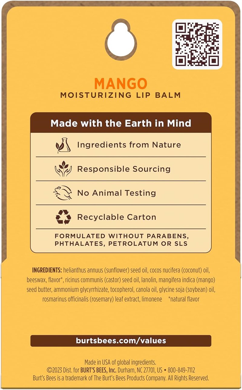 Burt's Bees Lip Balm - Mango Flavor, Natural Beeswax Moisturizer | 2 Tubes, 0.15 oz Each