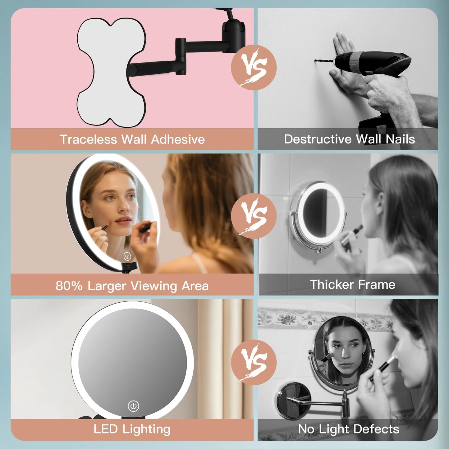 30X/1X Wall Mounted Lighted Makeup Mirror, 6inch Double Sided 1X/30X Magnifying Makeup Mirror with 3 Color Lights, Rechargeable Bathroom 30X Magnification Mirror 360° Rotation Extendable Folding Arm