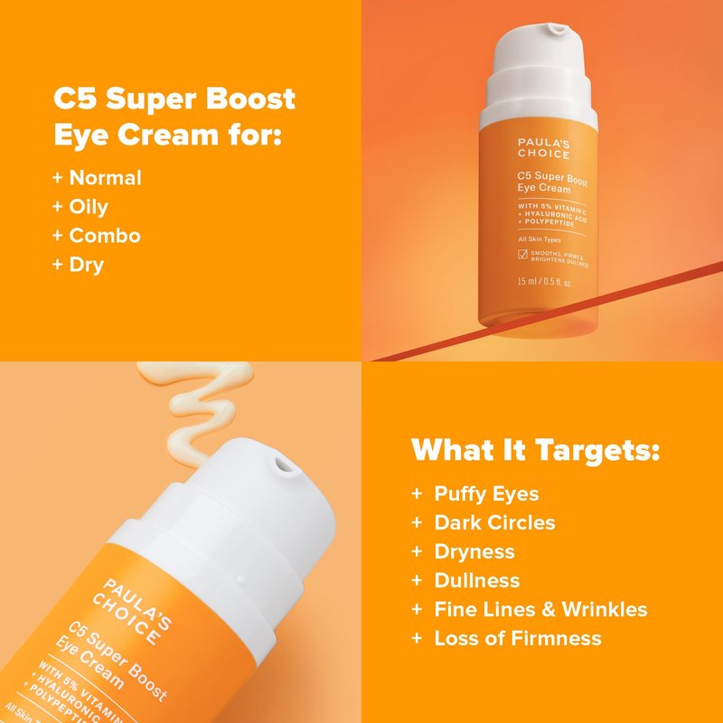 Paula's Choice C5 Super Boost Eye Cream for Dark Circles, Puffy Eyes, Fine Lines & Crow’s Feet, Eye Repair Cream with 5% Vitamin C, Hyaluronic Acid & Peptides, Fragrance Free, 0.5 fl oz