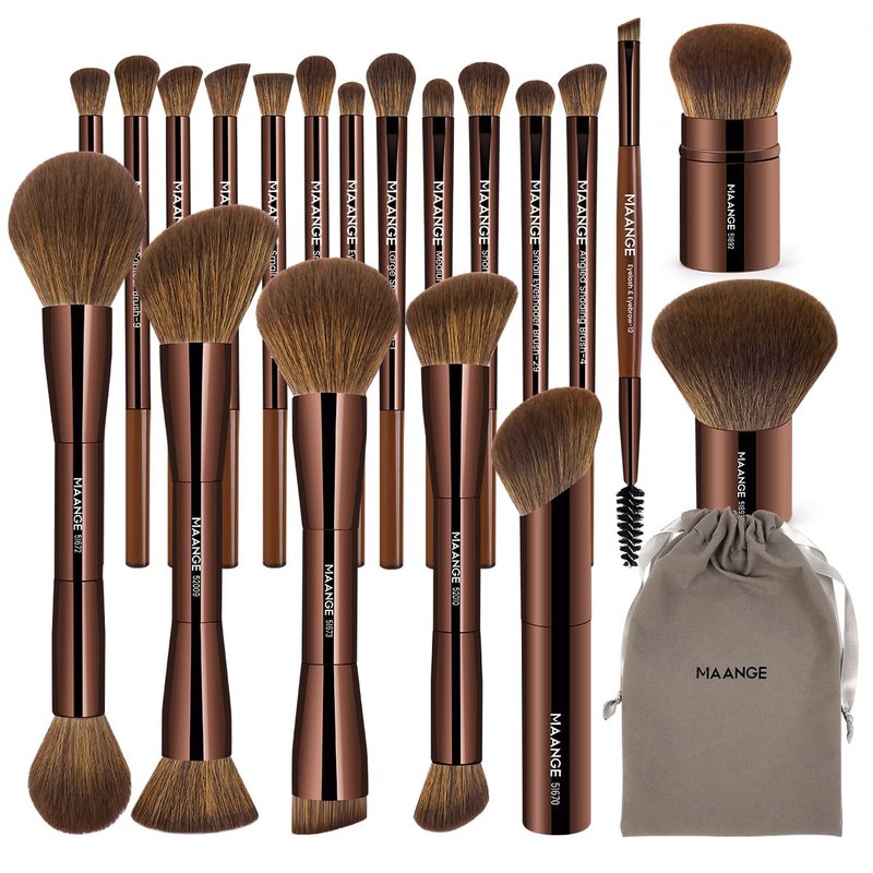 20 PCS Foundation Makeup Brush Set - Double-Ended Kabuki Brushes for Liquid & Powder | Brown Blending Tools