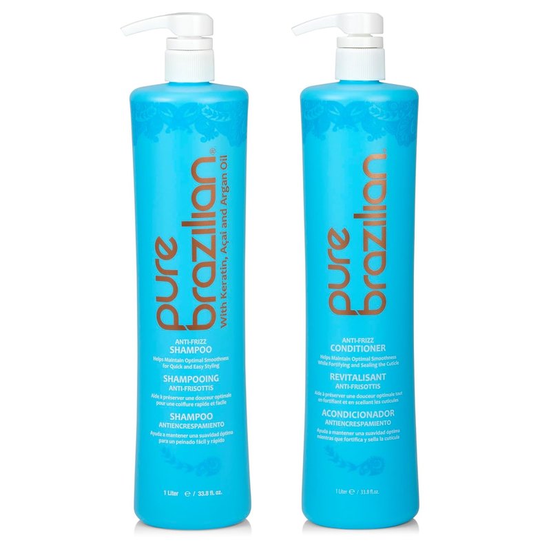 Anti-Frizz Shampoo and Conditioner Set - Pure Brazilian Formula with Pumps | 1 Liter