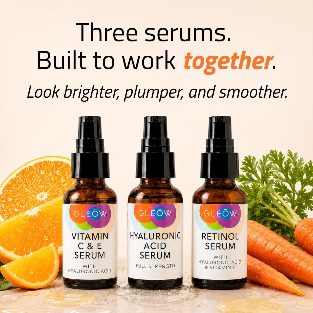 GLEOW Skincare Set: Retinol, Vitamin C, and 99% Hyaluronic Acid Serum, Face Serum Set Targets Appearance of Uneven Skin and Dryness, Total Package Serum Set 3x2 oz