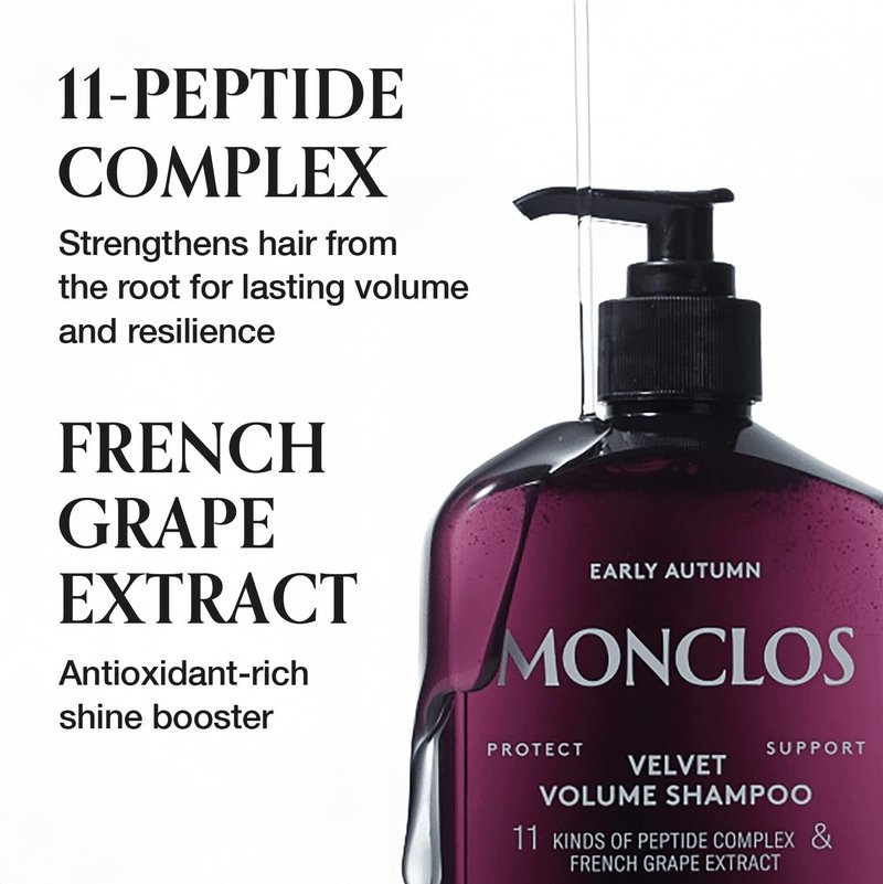 MONCLOS MONCLOS Velvet Shampoo (16.9 fl oz) - Volume Shampoo for Fine and Thinning Hair. Sulfate-Free, Peptide-Infused Formula for Soft, Shiny Hair, and Root Volumizing