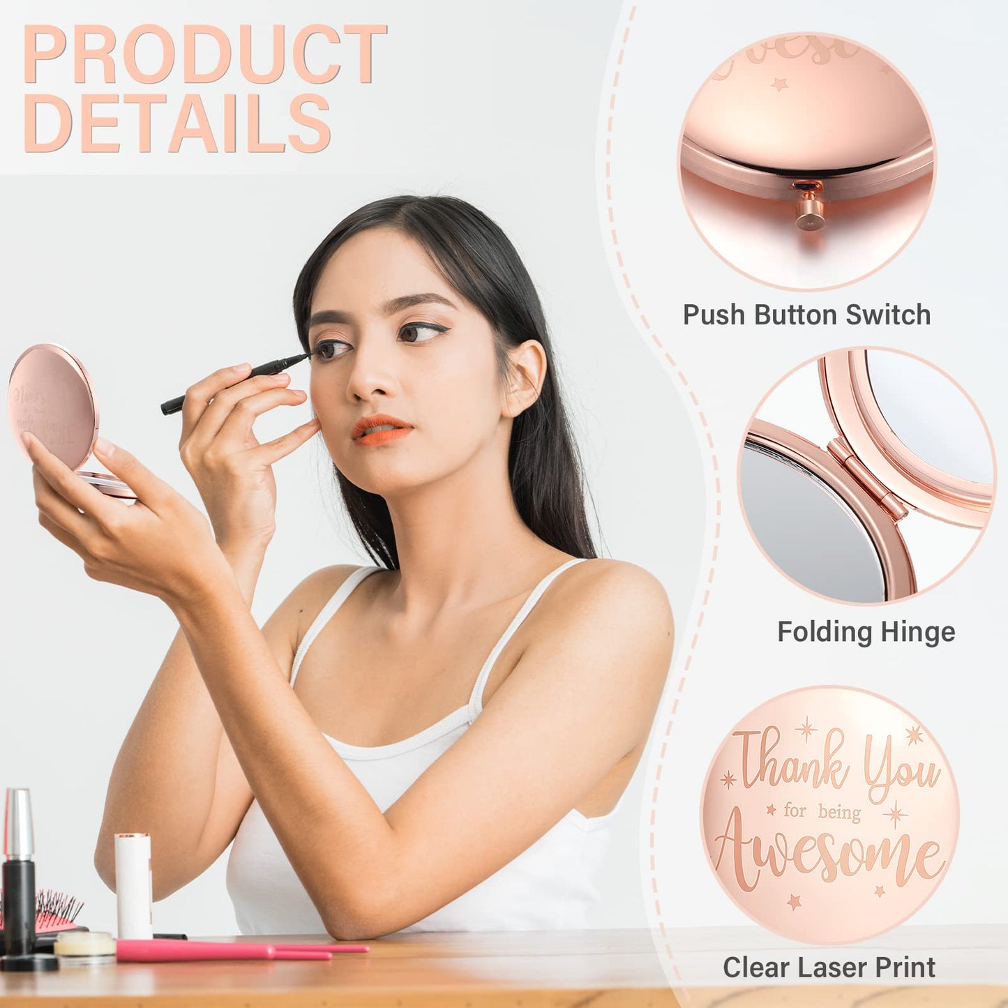 Roowest 12 Pcs Inspirational Compact Mirror Bulk for Mom Women Gifts Double Sided Travel Thank You for Being Awesome Employee Appreciation Makeup Magnifying Small Pocket Mirror(Rose Gold)