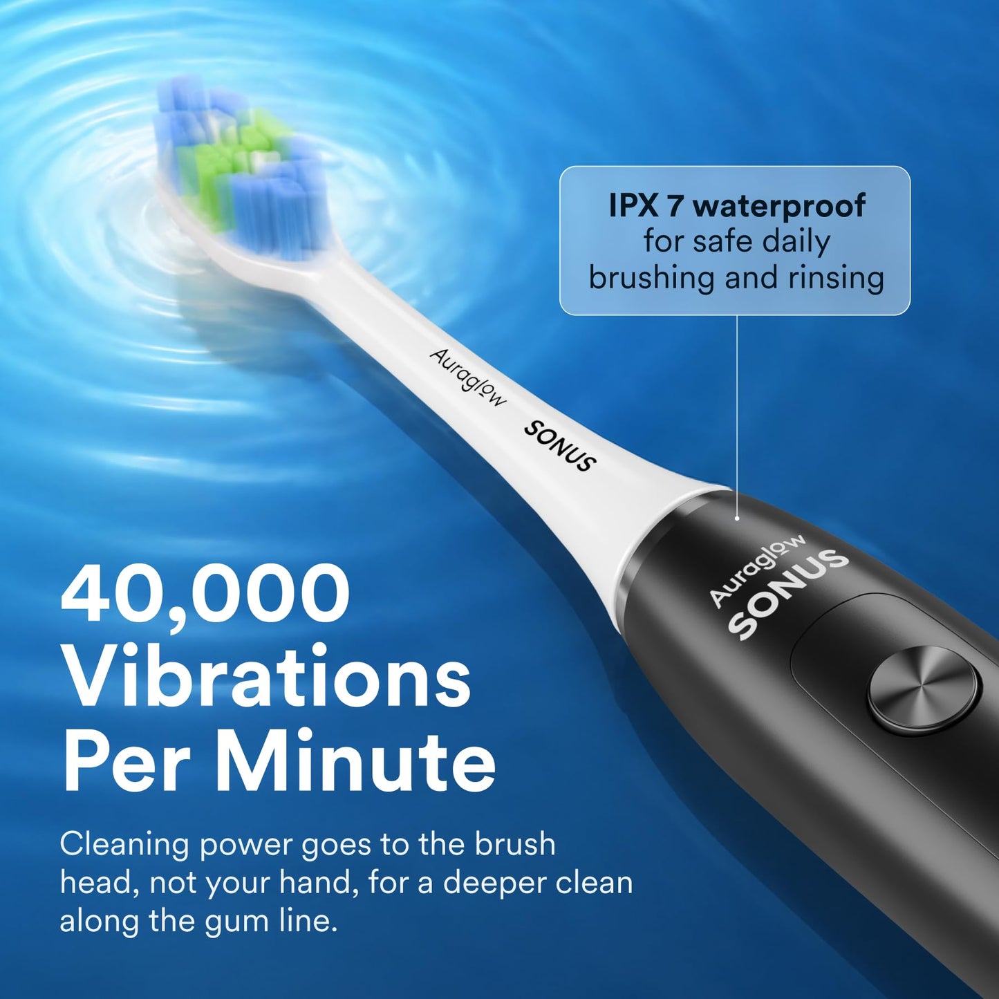 AURAGLOW Sonic Electric Toothbrush for Adults – Rechargeable, 40,000 VPM, 5 Modes, Removes 10x More Plaque, IPX7 Waterproof, Wireless Charging, 30-Day Battery, 2 Brush Heads & Travel Case