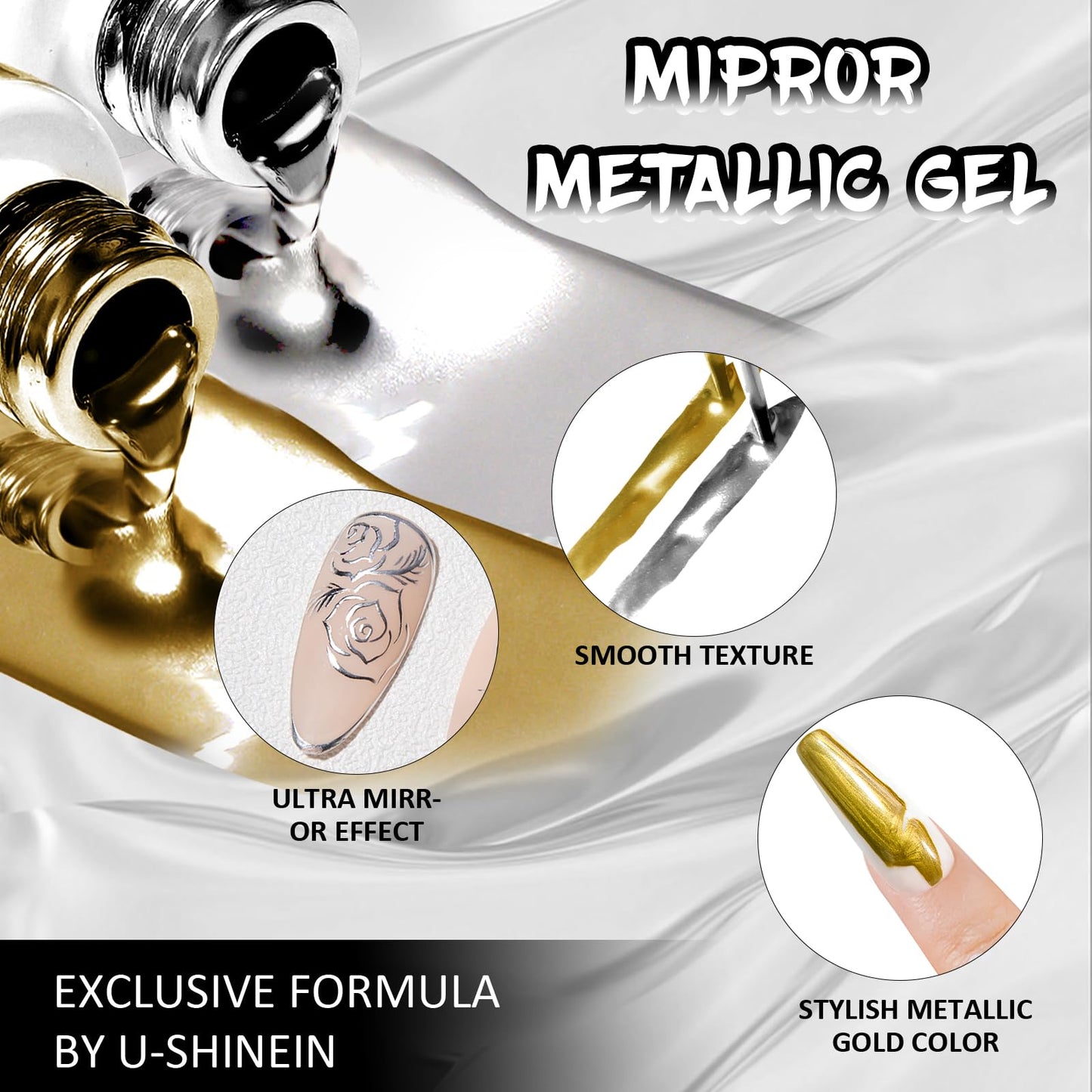 U-Shinein 2x12ml Metallic Mirror Nail Polish, Ultra Mirror Silver & Gold Metal Painted Drawing with Thin Brush, Chrome Gel Polish Nail Art Gel Liner Soak Off DIY