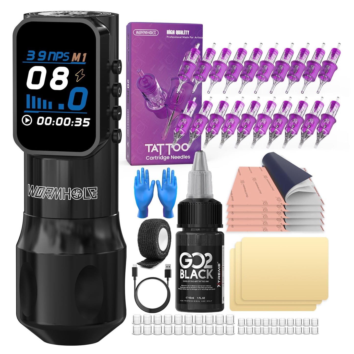 Wormhole Tattoo Kit for Beginners, Complete Supplies with 20 Cartridge Needles & Black Ink, Stencil Paper, 1,500mAh Power Supply, Practice Skin, Rotary Tattoo Gun for Home Practice & Work