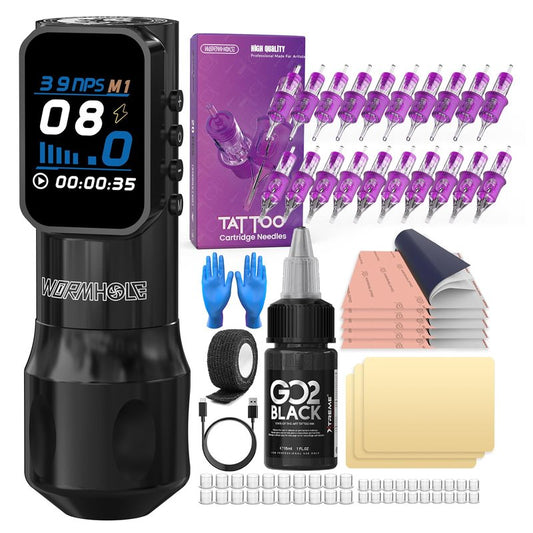 Wormhole Tattoo Kit for Beginners, Complete Supplies with 20 Cartridge Needles & Black Ink, Stencil Paper, 1,500mAh Power Supply, Practice Skin, Rotary Tattoo Gun for Home Practice & Work