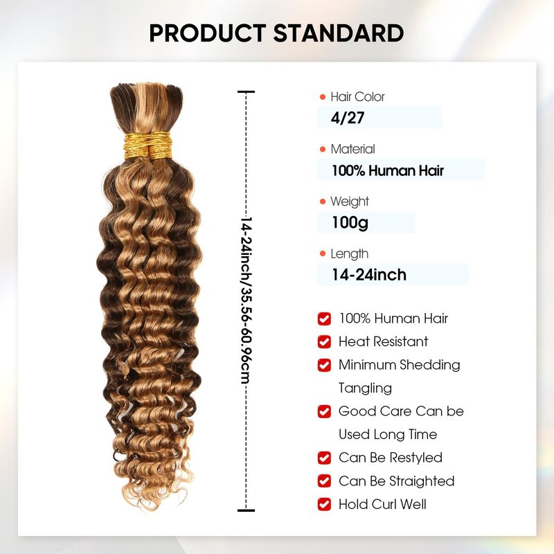 Human Braiding Hair 16 Inch 100g Ombre Highlight Deep Wave Bulk Human Hair for Braids No Weft Curly Bundles Human Hair Extensions for Boho Knotless Braids Wet and Wavy Braiding Hair (4/27)