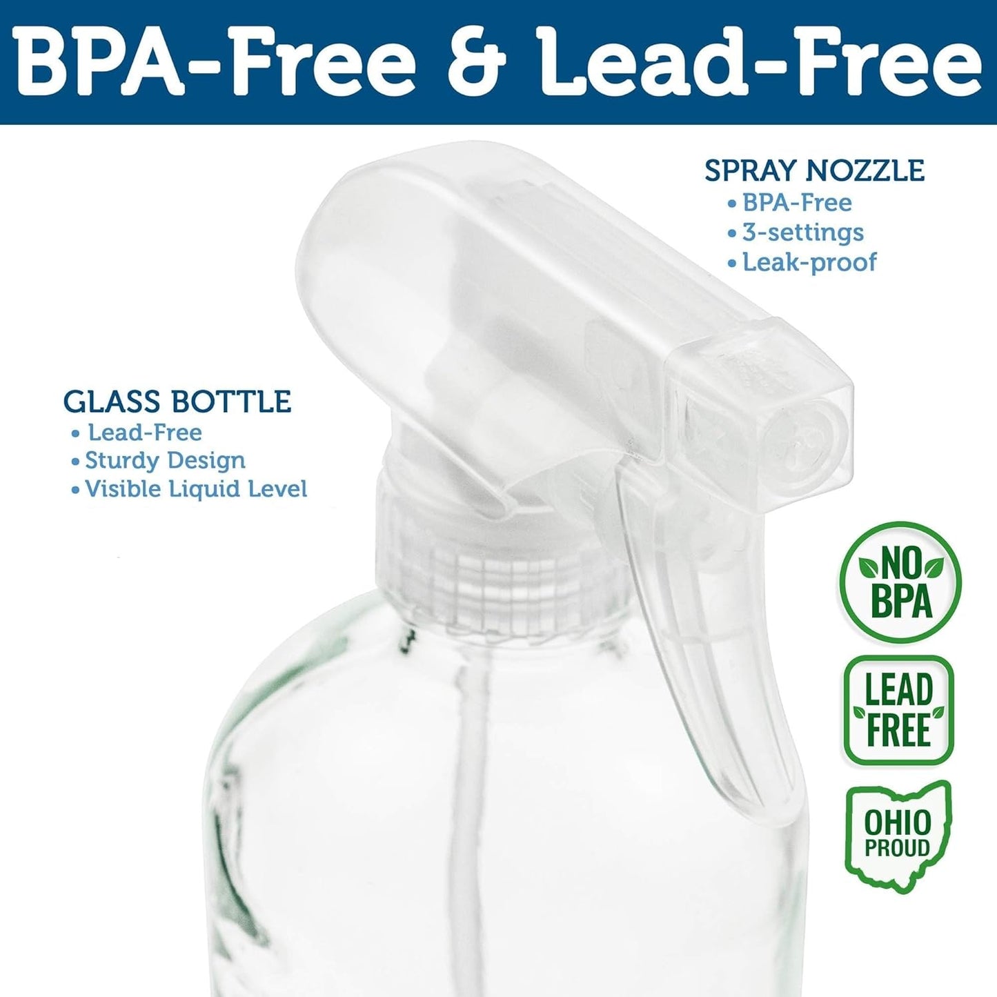 Clear Glass Spray Bottles - Refillable 16 oz Containers for Essential Oils, Cleaning, Aromatherapy | 2 Pack with Mist & Stream Sprayer
