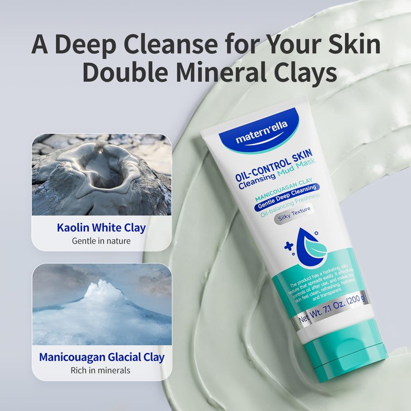 MATERN'ELLA Clay Mask | Pore Purifying Oil-Control Manicouagan Clay Formula with Plant Extract for Blackheads, Oily & Dull Skin Mud Facial Treatment for Women & Men 7.1 Oz.