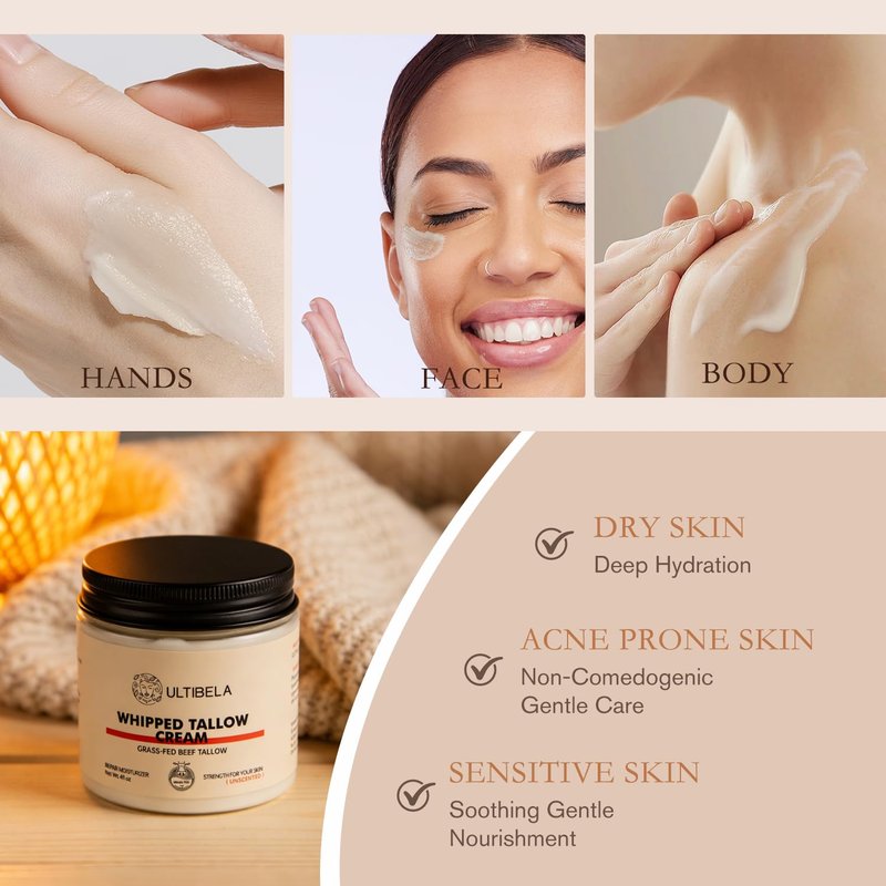 ULTIBELA Beef Tallow for Skin, 100% Grass-Fed Whipped Tallow and Honey Balm for Body ＆ Face Natural Body Cream for Dry & Sensitive Skin Care 4OZ (Unscented)