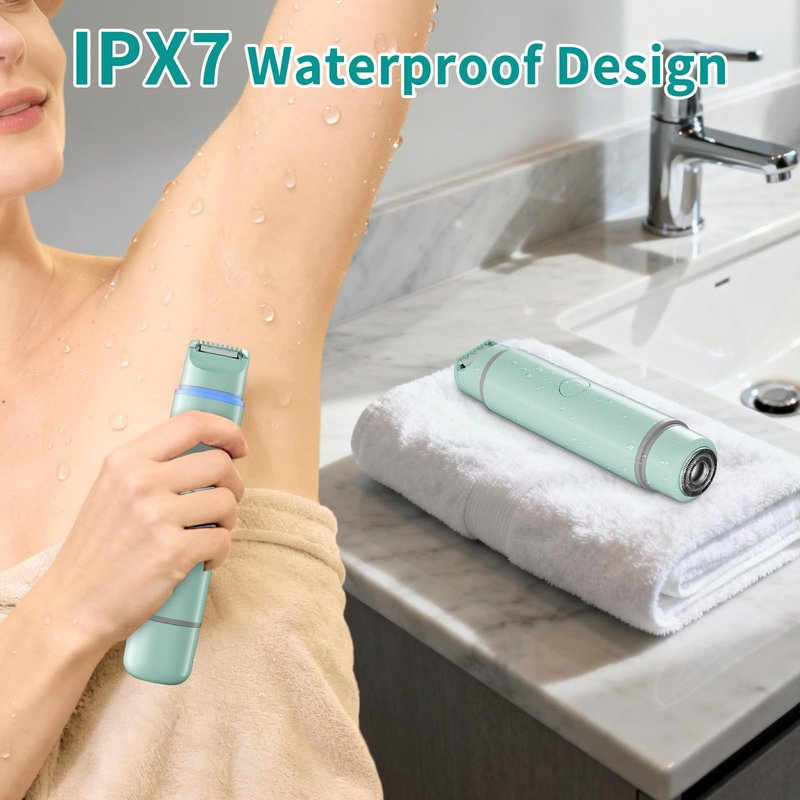 Bikini Trimmer for Women,Rechargeable Electric Razor Remover,2-in-1 Dual Heads Facial & Pubic Hair Removal for Ladies Pubic,FaceUnderarms,Legs Valentine's Day Gift Green