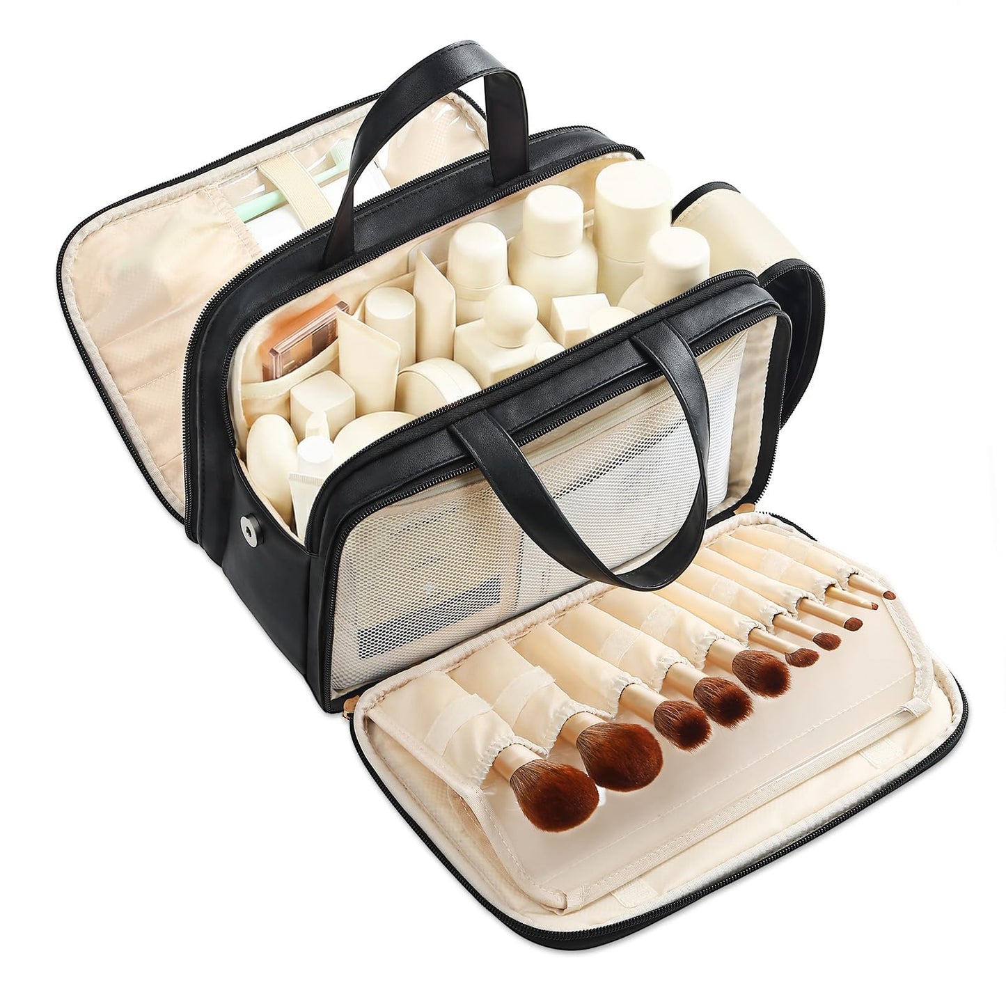 Large Travel Makeup Bag for Women with Luggage Sleeve and Reinforced Dual Handles, Featuring 10 Independent Elastic Brush Slots and 25 Pockets, Large Capacity Waterproof Cosmetic & Toiletry Organizer