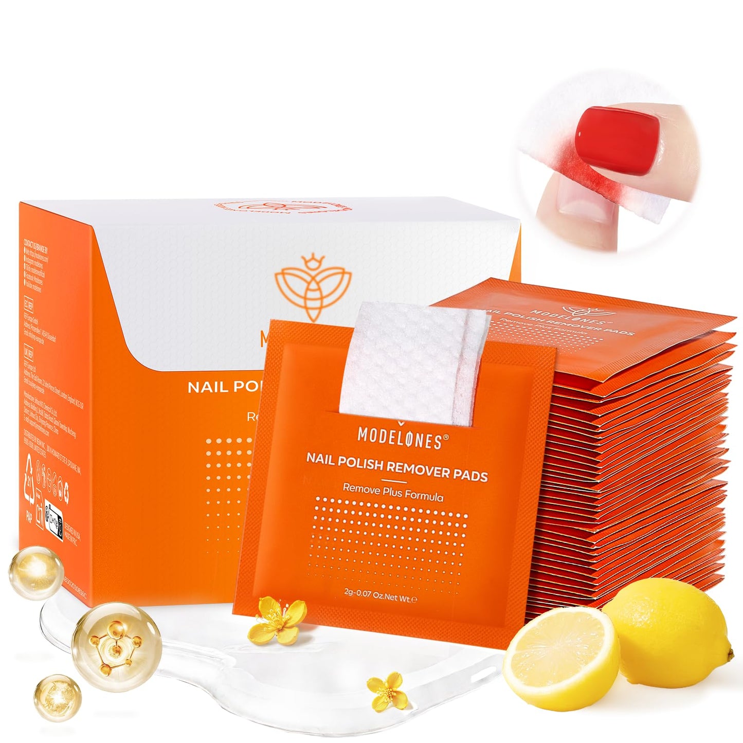 Modelones Nail Polish Remover Pads, Acetone Nail Polish Remover Wipes 50 PCS Professional Individually Wrapped Wet Wipes Easily & Quickly Lemon Smell Glycerin Moisturizing Big Size Portable