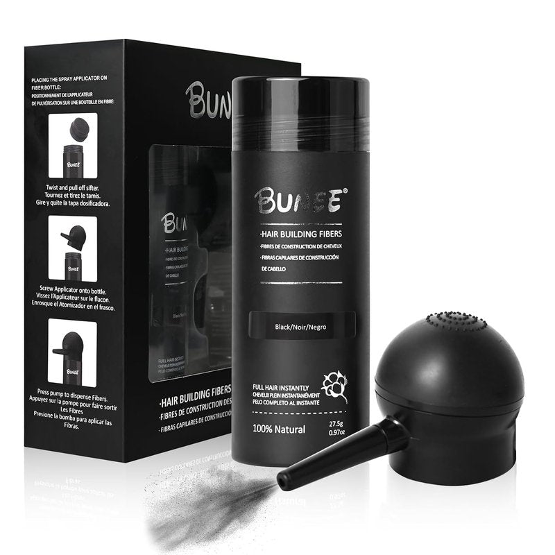 Hair Building Fibers - Thicker Fuller Hair & Beard Enhancer | 2-in-1 Kit with Spray Applicator (Black)