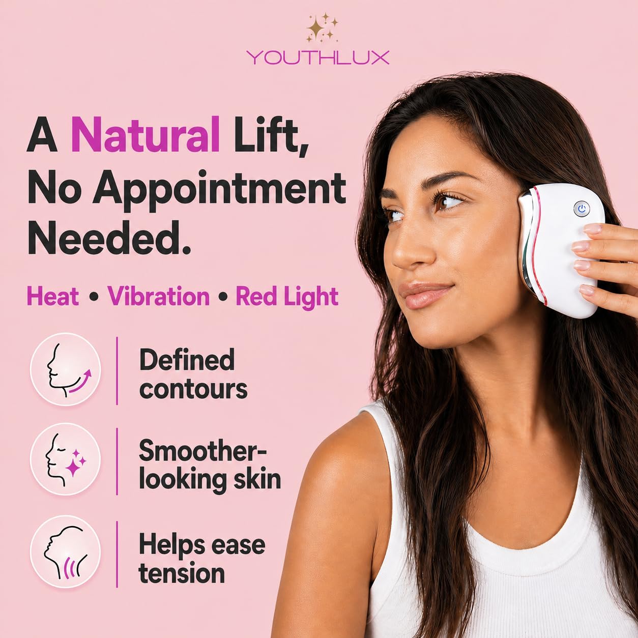 YOUTHLUX ProSculpt Heated Gua Sha Facial Massager – Electric Guasha Tool for Face Sculpting, Relaxation & Skincare | Soothing Vibration Facial Massage Tool with Contoured Design (White)