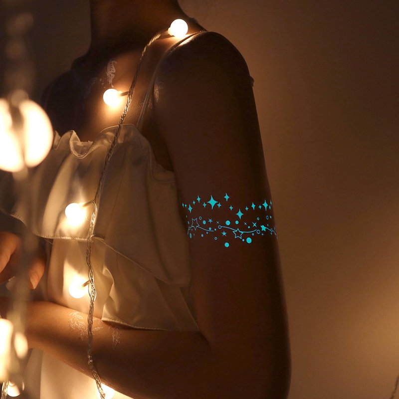 Fssqii Blue Luminous Temporary Tattoos Glow in the Dark Music Festival Moon Tattoos Waterproof Planet Star Fake Tattoo Sticker for Women Men Face Body Arm Party Cute Skin Tattoo Decorations