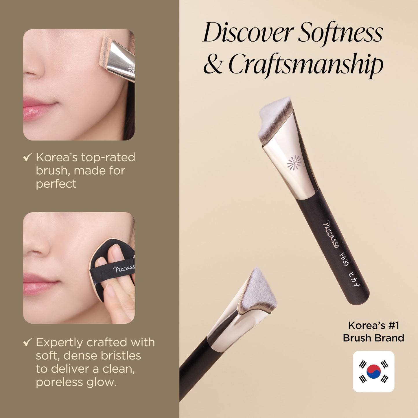 PICCASSO FB33 Tapping Cover Foundation Brush, Korean Makeup Brush for Liquid & Cream Foundation, Soft Dense Bristles for Pore-Blurring, Smooth, Streak-Free Base Makeup