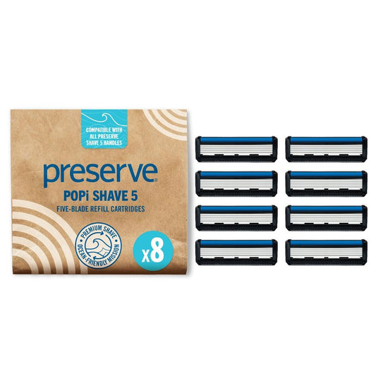 Preserve POPi Shave Razor Blades Refills - 5 Blade Razors for Men & Women - Ceramic Coated Shavers for Comfort with Aloe-Cocoa Butter Strip - Reusable Shaving Refill - 8 Pack