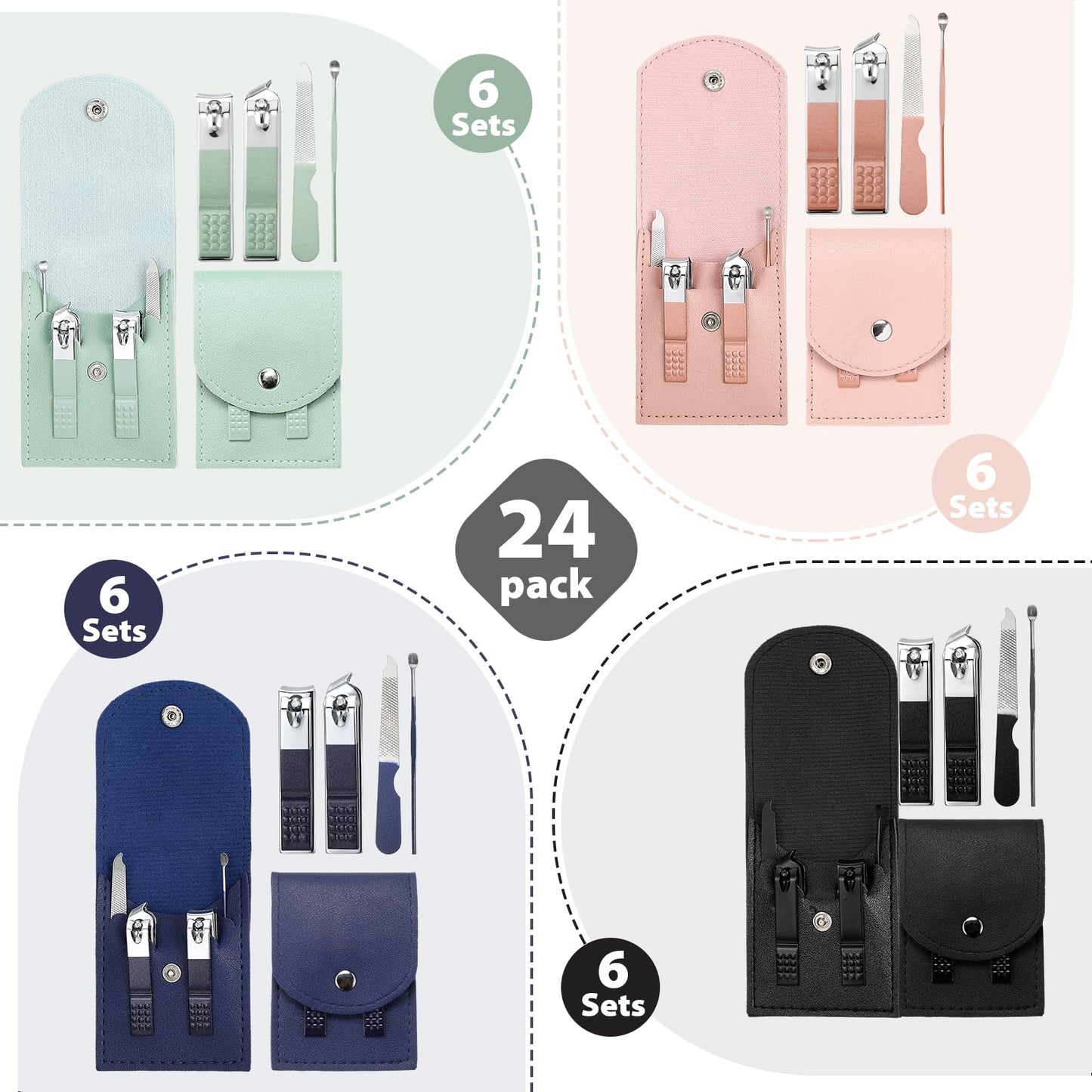Lasnten 24 Set Valentine Manicure Set Bulk Nail Clippers Grooming Nail Kit Stainless Steel Professional Pedicure Tools Kit with Travel Case for Men Women Valentine's Day Gift(4 in 1,Fresh Colors)