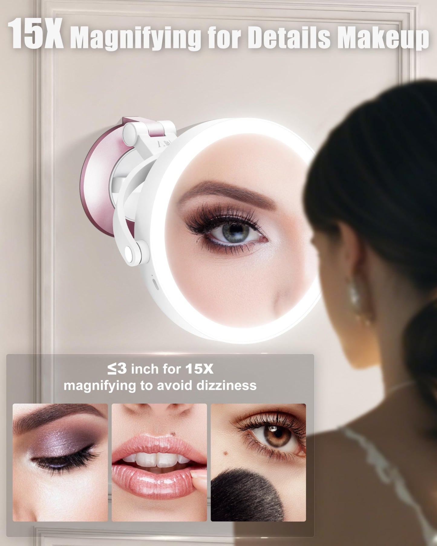 vpu 15X/1X Wall Mounted Magnifying Makeup Mirror with Power Suction Cup, Rechargeable Double Sided Regular HD/Magnification 3 Color Modes Adjustable Brightness Mirror with Lights for Bathroom, Travel