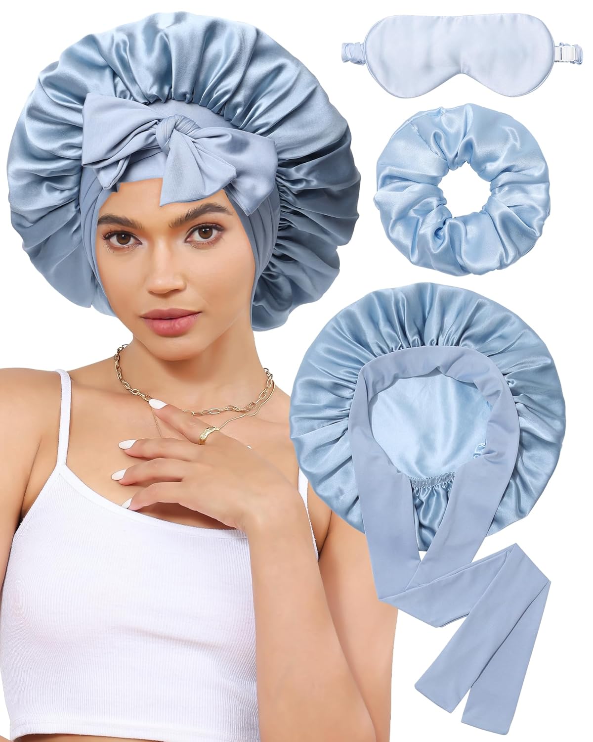 Silk Hair Bonnet for Sleeping - 100% Mulberry Silk with Elastic Tie Band & Scrunchies | Mist Blue & Sky Blue