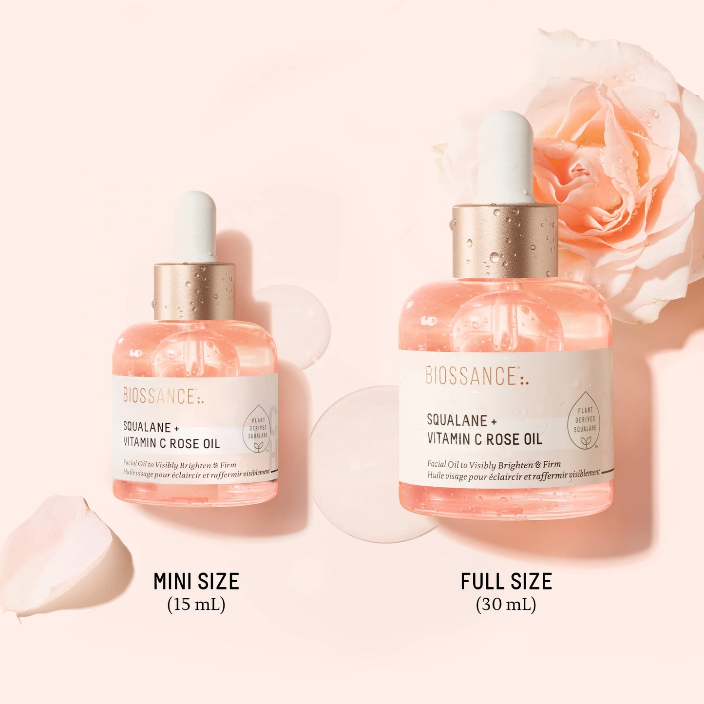 BIOSSANCE Squalane + Vitamin C Rose Advanced Facial Oil - Brightening, Firming, and Hydrating Serum for All Skin Types - Chios Crystal Oil, Damascus Rose Extract & Squalane for Radiance - 0.5oz