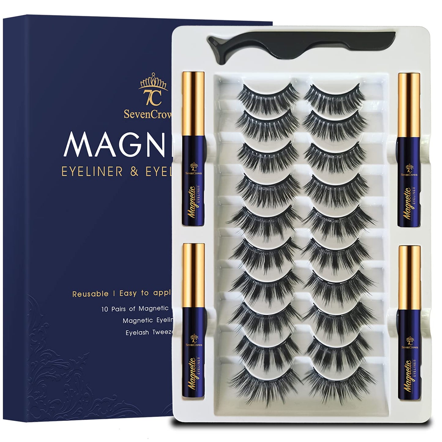 7C SevenCrown 10 Pairs Magnetic Eyelashes Magnetic Lashes with Applicator.Upgraded 4 Tubes of Liner Waterproof, Long Lasting, 3D Natural Look,Reusable False Faux Lashes Easy to Apply.