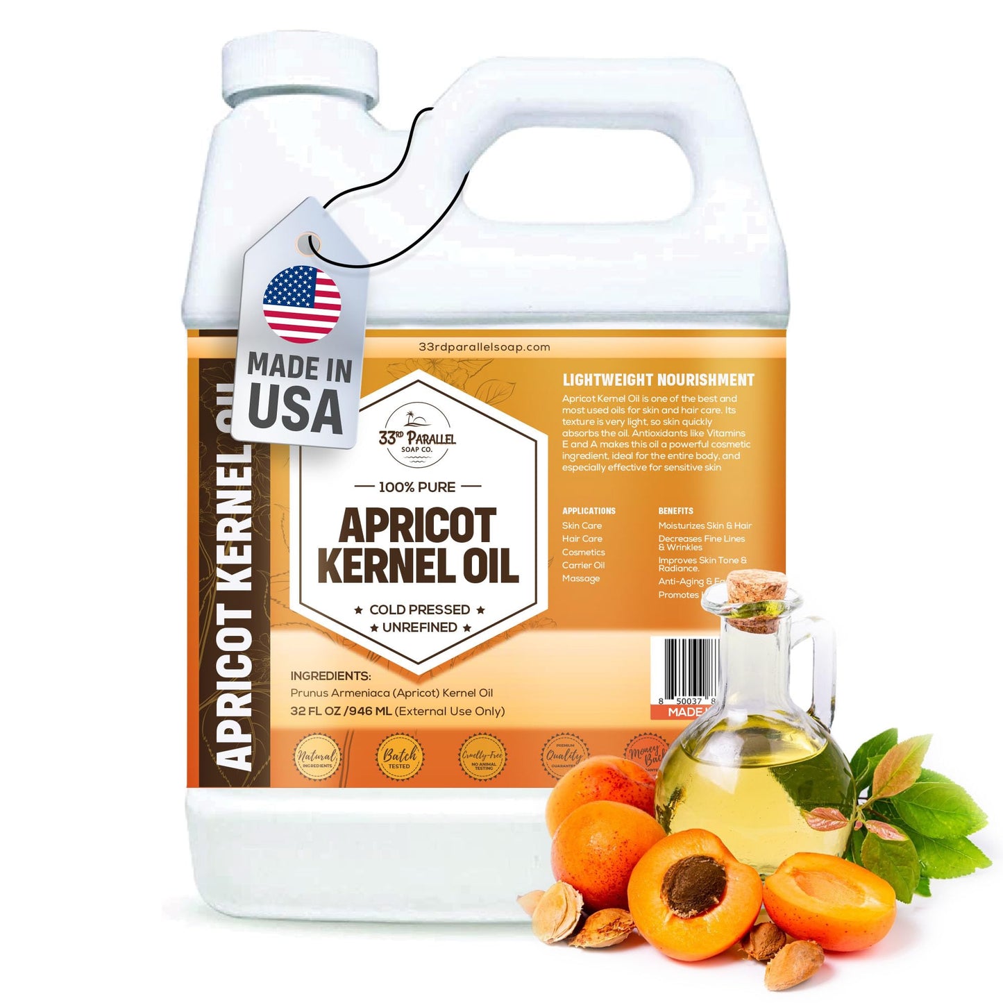 Organic Apricot Kernel Oil (32 Oz) Premium Cold Pressed Unrefined | 100% Pure Apricot Kernel Oil for Skin, Face, Hair, Soap Making, Massage | Carrier for Essential Oils | Available Bulk | 32 FL OZ