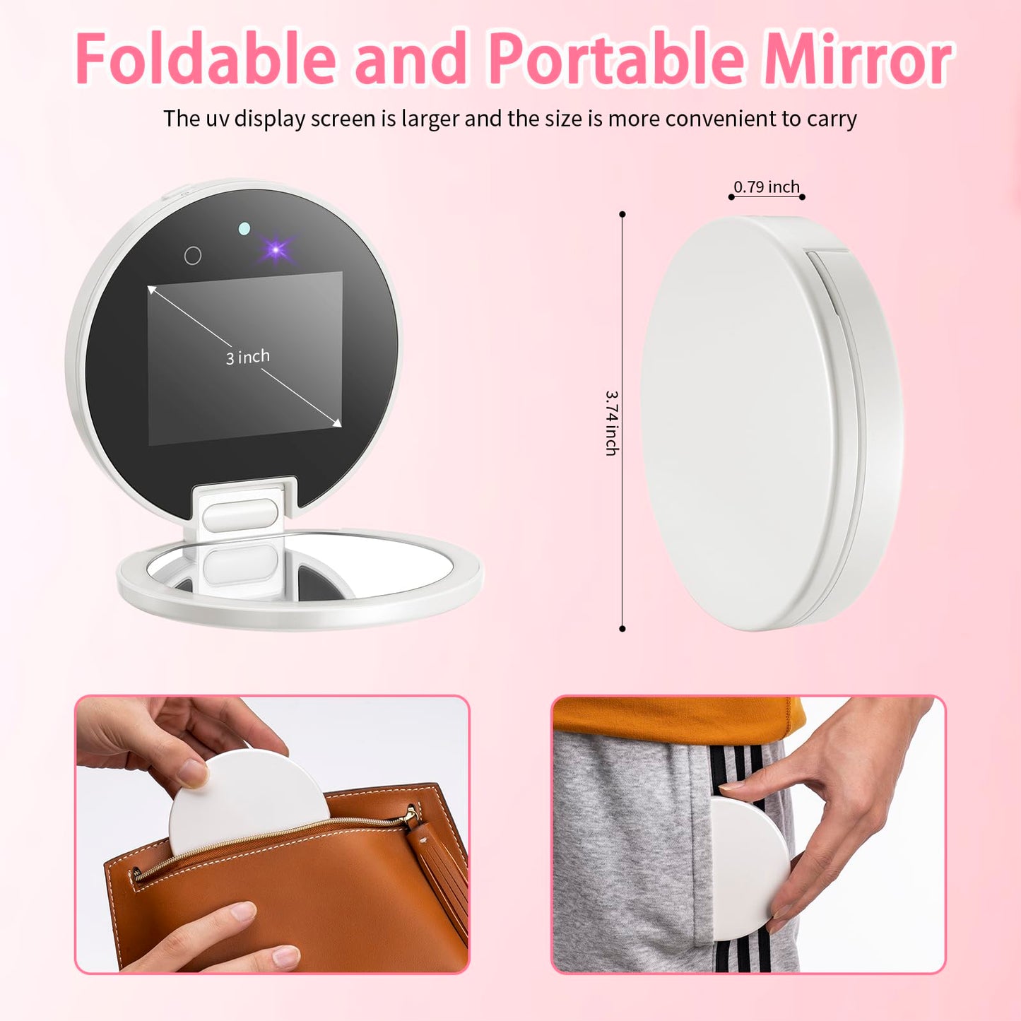 DESCHEN UV Camera Mirror for Sunscreen Test, 2X Makeup Mirror with Lights and Magnification, Rechargeable 3.8 Inch Portable Pocket Mirror for Skin Protection