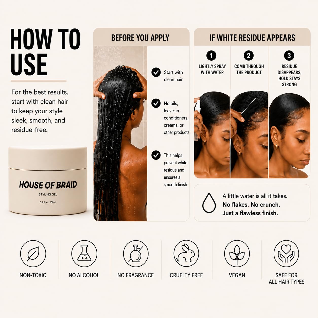 House Of Braid Hair Styling Gel - Extra Hold for Curly, Wavy, Slick Back, Edge Control, Braid Gel - Non Toxic, Frizz and Flake Free Hair Jam with All Natural Ingredients (3.4 Oz)