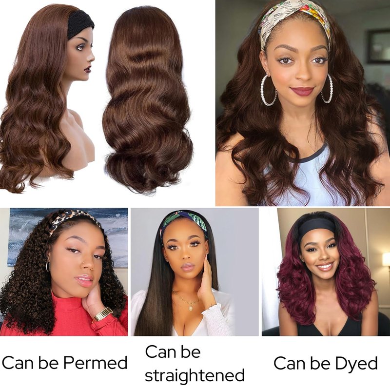 Head Band Wigs Human Hair Chocolate Brown Glueless 100% Human Hair None Lace Front Wig Virgin #4 Colored Headband Wig Human Hair 180 Density 12inch