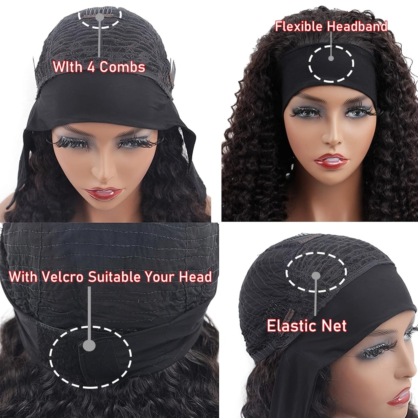 Coshgirl Headband Wig Human Hair Kinky Curly for Black Women Curly Headband Wig Human Hair 150% Density Machine Made Glueless None Lace Front Wigs Brazilian Virgin Wig KC Natural Color 12 Inch
