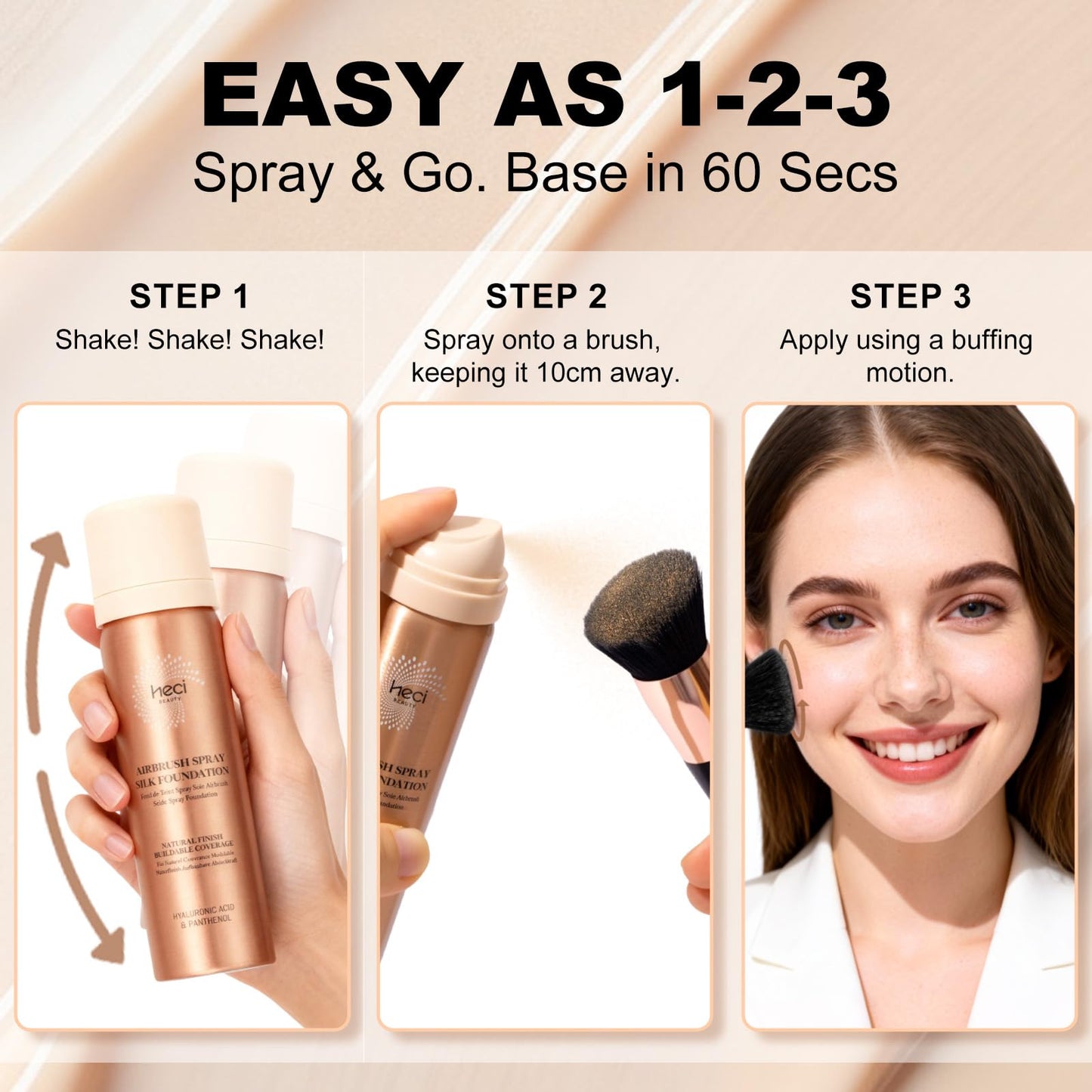 HECI BEAUTY Airbrush Foundation for Mature Skin, Silk Spray & Kabuki Brush Set, Flawless Finish, Anti-Aging Formula for Smooth Radiant Skin, Long Wear Lightweight Makeup,110 Light, 1.69 fl oz