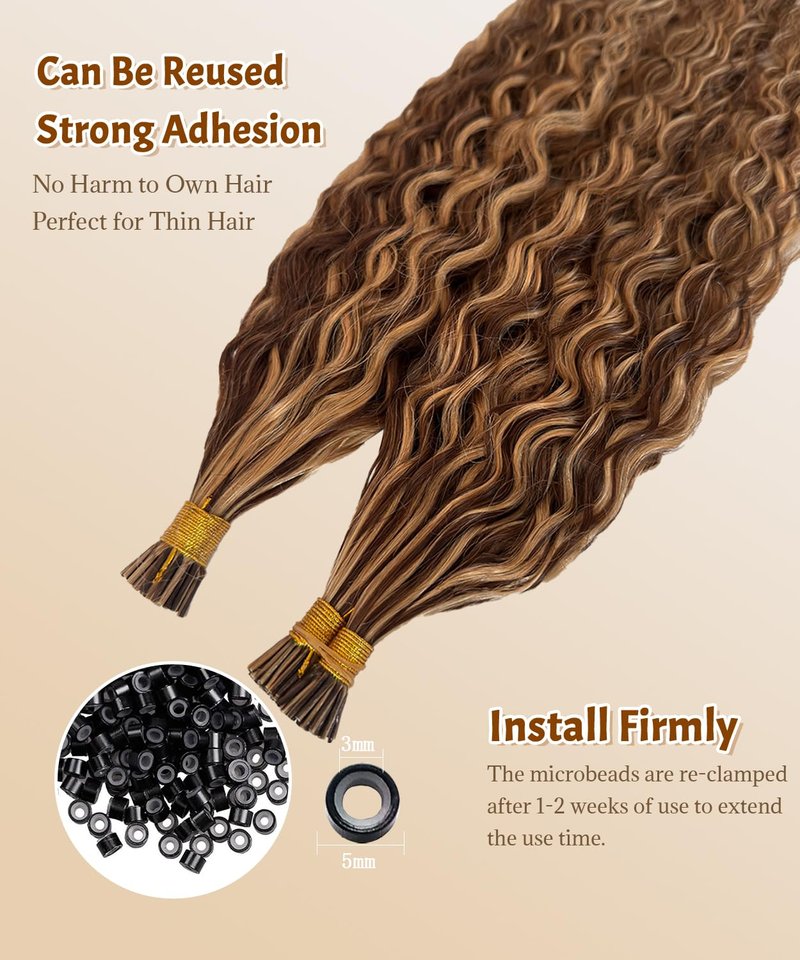 Curly I Tip Hair Extensions Human Hair 4P27 Water Wave Cold Fusion Itip Flawless Microlinks Hair Extensions Invisible Blends Naturally Individual Strands for Black Women 50G 16Inch Brown to Blonde