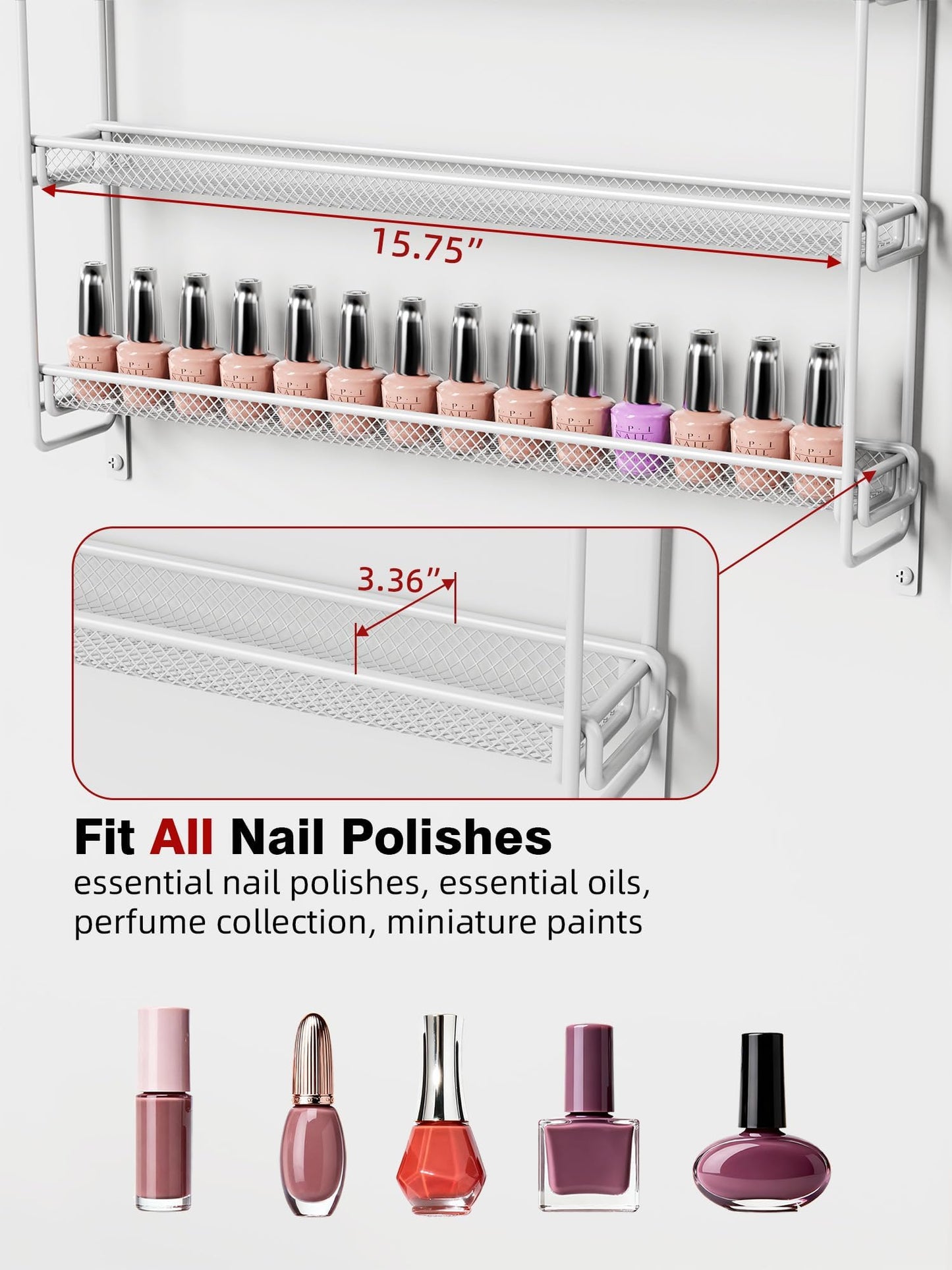GIGIFTREE Nail Polish Organizer Wall Mounted, 6 Tier Metal Storage Rack Holds 90 Bottles, Multifunctional Organizer for Essential Oils Paint Perfume, White