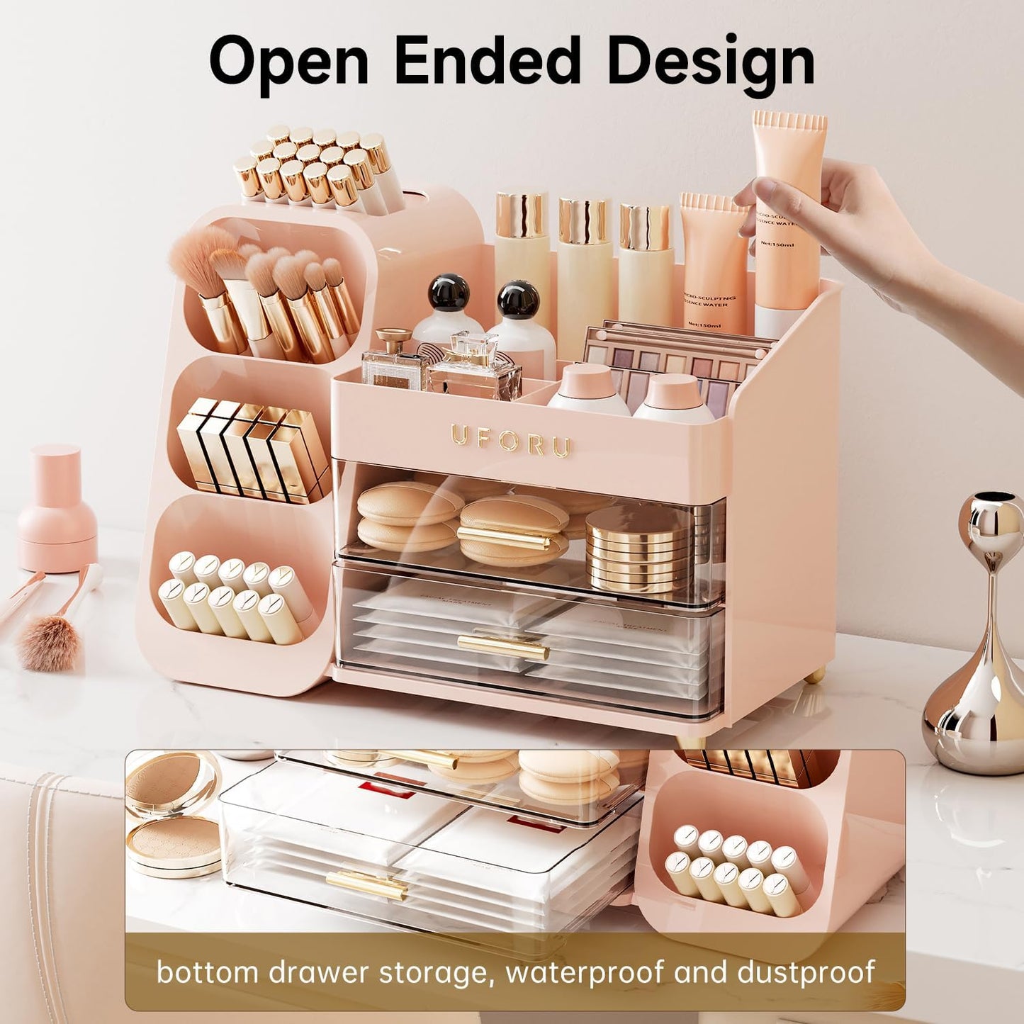 Makeup Organizer for Vanity - Large Capacity Skincare & Cosmetic Display Case with 2 Drawers | Brush Holder & Perfume Storage