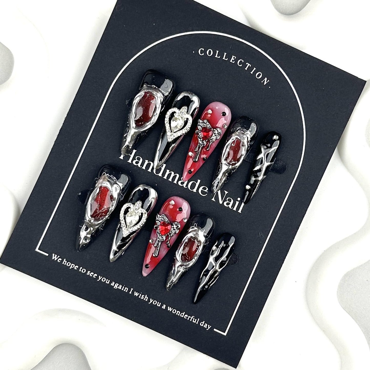 100% Handmade Press on Nails Halloween Nail Press ons Medium Almond Black Fake Nails with Skeleton Silver Charms Design Halloween Press on Nail Gothic Reusable Handmade Nails for Women Girls Size M