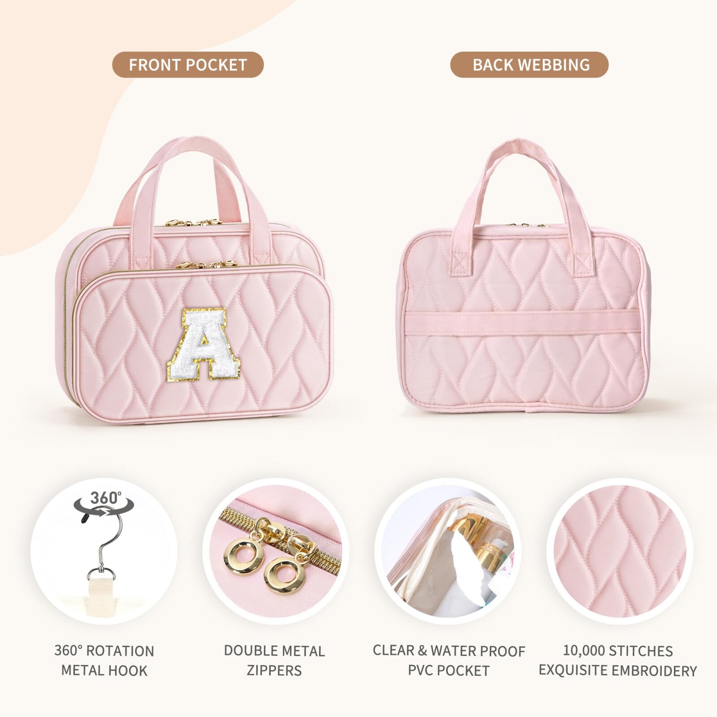 YOOLIFE Travel Toiletry Bag for Women - Hanging Toiletry Bag, Large Capacity Personalized Makeup Pouch, Travel Essentials - Letter Pink D