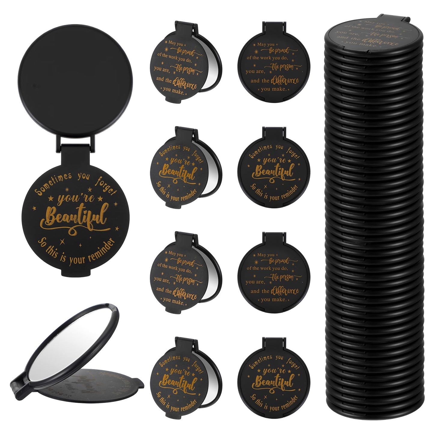 100pcs Black Compact Mirror Bulk Gifts for Women, Mini Inspirational Purse Handheld Makeup Pocket Mirror, Round Portable Makeup Folding Mirrors Gift for Christmas Valentine Daily Travel Coworker