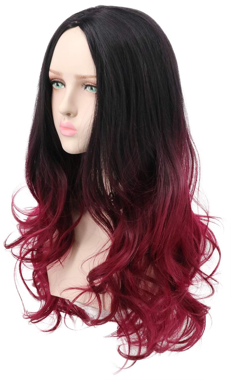 yuehong Long Curly Black Red Womens Wig Wavy Ombre Anime Cosplay Wigs Heat Resistant Synthetic Fibers Soft Breathable Costume