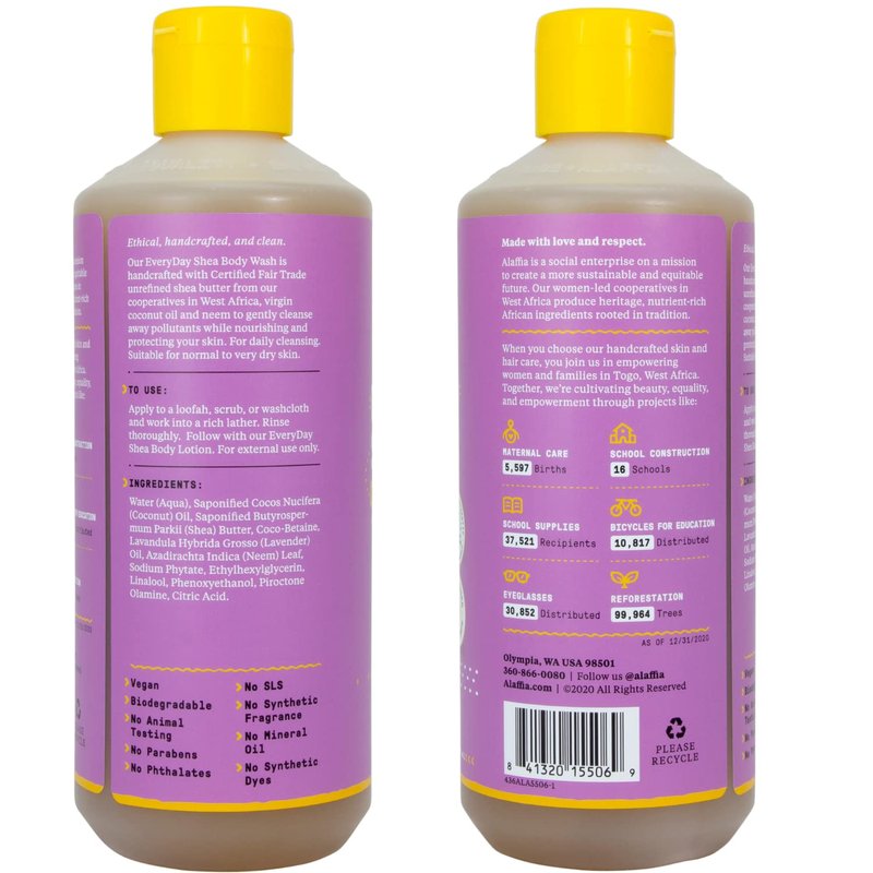Alaffia Body Wash, EveryDay Shea, Lavender 2-Pack – Gentle Skin Cleanser, Shower Gel for Normal to Very Dry Skin, 16 Oz Ea
