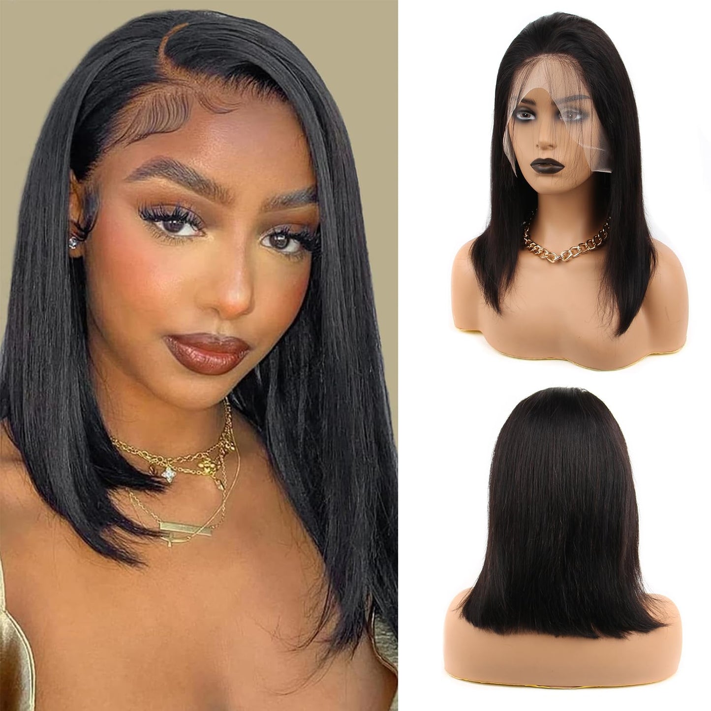 aallinine 13x4 Lace Front Bob Wigs Human Hair HD Lace Bob Wig Human Hair Straight Frontal Wigs for Black Women Pre Plucked with Baby Hair 14 Inch Natural Color