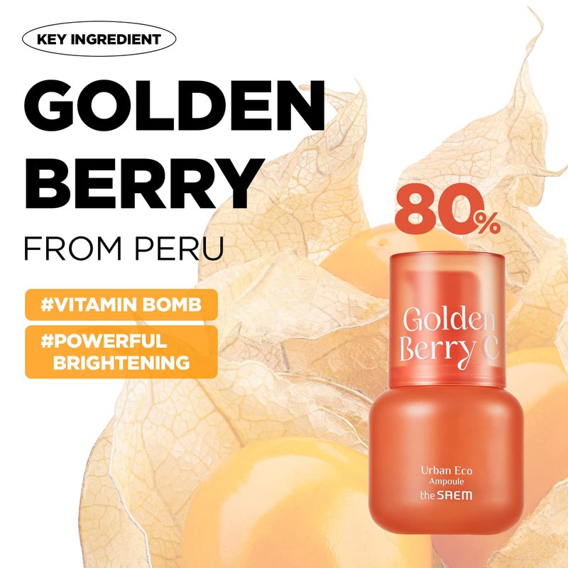 THESAEM Urban Eco Golden Berry C Ampoule - Face Vitamin Serum Peru Golden Berry Extract - Even Tone Complexion Blemish Care Hydrating - Vegan Korean Skincare for Dull Skin, 1.01 fl.oz.